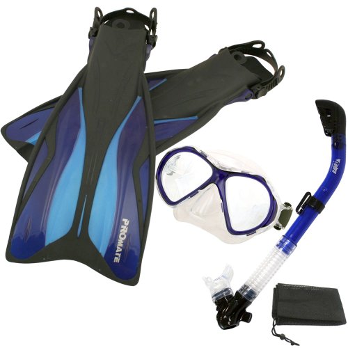 シュノーケリング マリンスポーツ Promate Deluxe Snorkeling Gear Scuba Diving Fins Mask Dry Snorkel Set, Blue, SMシュノーケリング マリンスポーツ