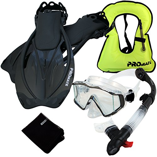 シュノーケリング マリンスポーツ 999001-BK-S/M, Snorkeling Vest Scuba Dive Panoramic Purge Mask Dry Snorkel Fins Gear Setシュノーケリング マリンスポーツ