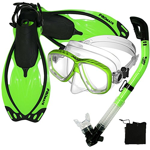 シュノーケリング マリンスポーツ Promate Snorkeling Scuba Dive Mask Fins Dry Snorkel Gear Set, Green, ML/XLシュノーケリング マリンスポーツ