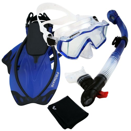シュノーケリング マリンスポーツ Promate 9990, Trans. Blue, ML/XL, Snorkeling Scuba Dive Panoramic Purge Mask Dry Snorkel Fins Gear Setシュノーケリング マリンスポーツ