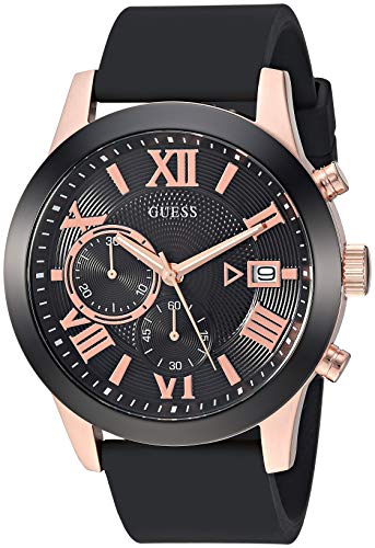 ӻ  GUESS  GUESS Comfortable Black + Rose Gold-Tone Stain Resistant Silicone Chronograph Watch with Date. Color:Black/Rose Gold-Tone (Model: U1055G3)ӻ  GUESS 