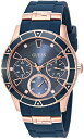 rv QX GUESS fB[X GUESS Rose Gold-Tone + Iconic Blue Stain Resistant Silicone Watch with Day, Date + 24 Hour Military/Int'l Time. Color: Blue (Model: U1157L3)rv QX GUESS fB[X