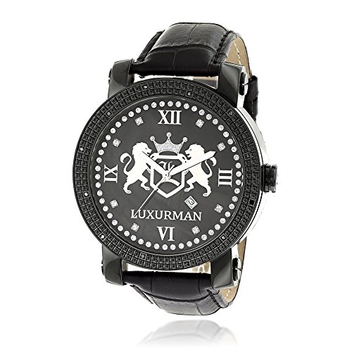 腕時計 ラックスマン メンズ LUXURMAN Phantom Large Black Diamond Watch for Men Leather Band Black MOP 0.12ct腕時計 ラックスマン メンズ
