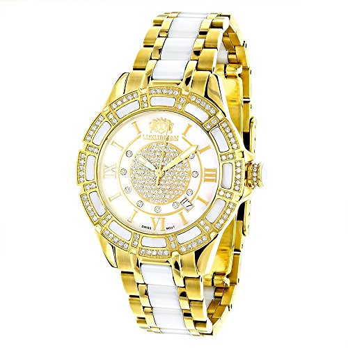 腕時計 ラックスマン レディース 【送料無料】Ladies Diamond Ceramic Watch 1.25ctw of Diamonds by Luxurman White MOP Galaxy Yellow Gold腕時計 ラックスマン レディース