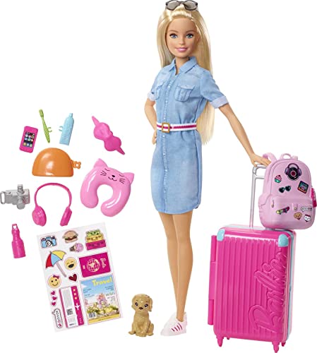 バービー Barbie トラベルドール ブロンド 子犬 10種類以上のアクセサリーが付属 ピンクノスーツケース デニムのシャツワンピース FWV25