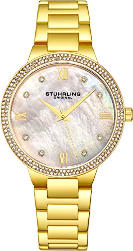 腕時計 ストゥーリングオリジナル レディース Stuhrling Original Wrist Watches for Women - Yellow Gold Tone Case - Pave Crystal Bezel - Silver Mother of Pearl Dial with Crystal Accents, 3907 Watches for Women C腕時計 ストゥーリングオリジナル レディース