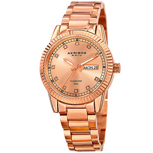 腕時計 アクリボスXXIV レディース Akribos XXIV Sparkling Crystals Women's Watch - Grooved Sparkling Bezel - Diamond Hour Markers - Date Display On a Stainless Steel Braclet- AK965腕時計 アクリボスXXIV レディース