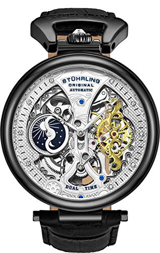 楽天angelica腕時計 ストゥーリングオリジナル メンズ St?hrling Original Mens Skeleton Watch Dial Automatic Watch with Calfskin Leather Band and - Dual Time, AM/PM Sun Moon （Black-A）腕時計 ストゥーリングオリジナル メンズ