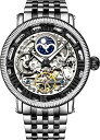 rv XgD[OIWi Y St?hrling Original Black and Silver Mens Skeleton Watch, Analog Skeleton Watch Dial, Dual Time, AM/PM Sun Moon, Stainless Steel Bracelet, 3922 Watches for Men Collectionrv XgD[OIWi Y