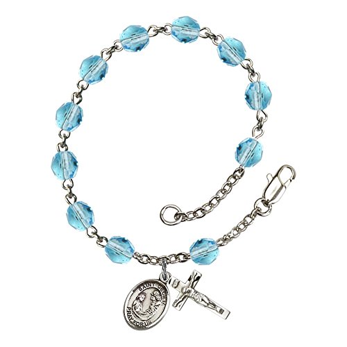 Bonyak Jewelry ブレスレット ジュエリー アメリカ アクセサリー St. Cecilia Silver Plate Rosary Bracelet 6mm March Light Blue Fire Polished Beads Crucifix Size 5/8 x 1/4 medal charmBonyak Jewelry ブレスレット ジュエリー アメリカ アクセサリー