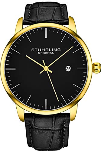 腕時計 ストゥーリングオリジナル メンズ Stuhrling Original Mens Watch Calfskin Leather Strap - Dress + Casual Design - Analog Watch Dial with Date, 3997Z Watches for Men Collection (Black Gold)腕時計 ストゥーリングオリジナル メンズ