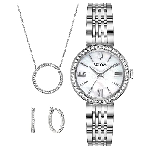 楽天angelica腕時計 ブローバ レディース Bulova-Ladies' Crystal Stainless Steel Box Set with White Mother-of-Pearl Dial 3-Hand Quartz-Watch and Circle Crystal-Pendant-Necklace and Hoop Earrings, 30mm Style: 96X149腕時計 ブローバ レディース