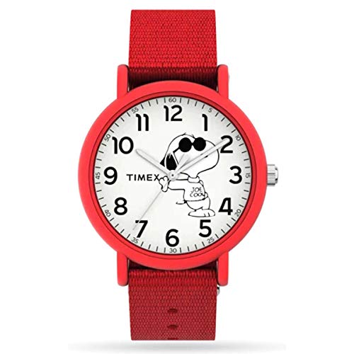 腕時計 タイメックス レディース 【送料無料】Timex TW2T66000 Unisex Snoopy Joe Cool Dog 34mm Red Slip-Thru Fabric Band Analog Watch腕時計 タイメックス レディース