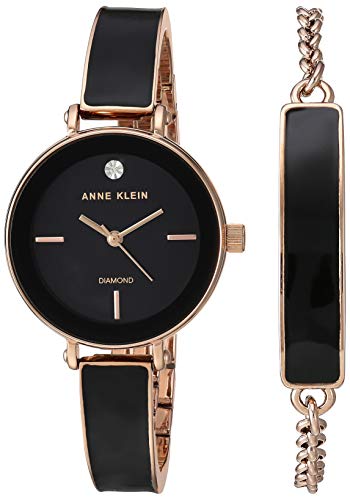 楽天angelica腕時計 アンクライン レディース Anne Klein Women's Genuine Diamond Dial Rose Gold-Tone and Black Bangle Watch with Bracelet Set, AK/3620BKST腕時計 アンクライン レディース