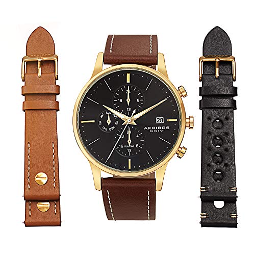 腕時計 アクリボスXXIV メンズ Akribos XXIV Men's Multifunction Dual Time Zone Watch Set - 3 Interchangeable Leather Straps, with Capsi Pins for Easy Swap - AK1105 (Gold Case Black Dial 3 Straps Brown, Black, & Tan)腕時計 アクリボスXXIV メンズ