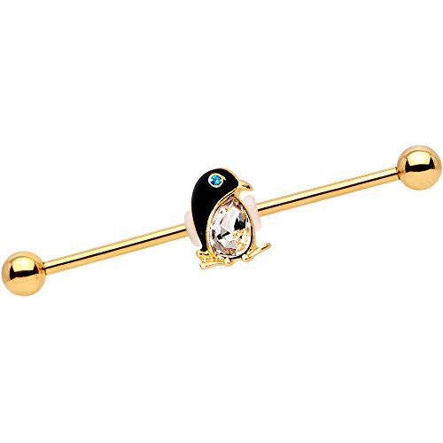 ボディキャンディー ボディピアス アメリカ 日本未発売 ウォレット Body Candy Gold PVD Steel Clear Teal Accent Bling Bling Penguin Helix Earring Industrial Barbell 14 Gauge 38mmボディキャンディー ボディピアス アメリカ 日本未発売 ウォレット