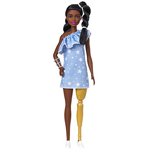 【送料無料】バービー Barbie ファッショニスタ 146 義足着用 星のプリントとフリルのワンショルダー シルエットの青いドレス