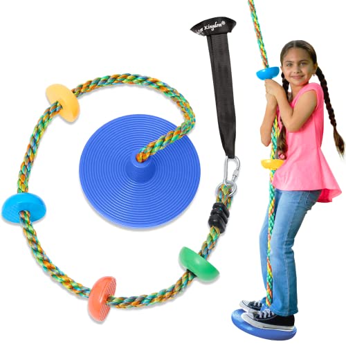 ジャングルジム ブランコ 屋内・屋外遊び 幼児 小学生 Jungle Gym Kingdom Tree Swing for Kids - Single Disc Seat and Rainbow Climbing Rope Set w/Carabiner and 4 Foot Strap - Treehouse and Outdoor Playgroジャングルジム ブランコ 屋内・屋外遊び 幼児 小学生