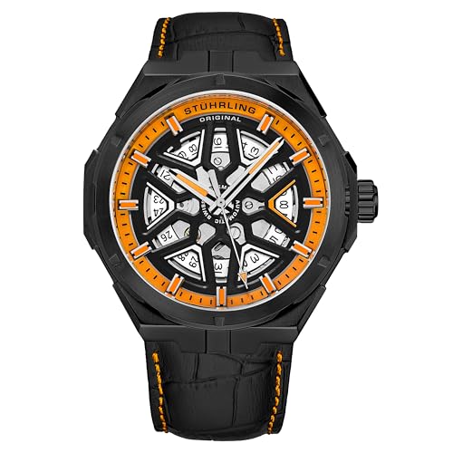 腕時計 ストゥーリングオリジナル メンズ Stuhrling Original Mens Swiss Automatic Watch - Self Winding Mens Dress Watch Mens Orange Leather Wrist Watch Mechanical Skeleton Watches for Men腕時計 ストゥーリングオリジナル メンズ