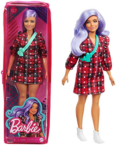 バービー バービー人形 ファッショニスタ Barbie Fashionistas Doll 157, Curvy with Lavender Hair Wearing Red Plaid Dress, White Cowboy Boots Teal Cross-Body Cactus Bag, Toy for Kids 3 to 8 Years Oldバービー バービー人形 ファッショニスタ
