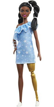 【送料無料】バービー Barbie ファッショニスタ 146 義足着用 星のプリントとフリルのワンショルダー シルエットの青いドレス