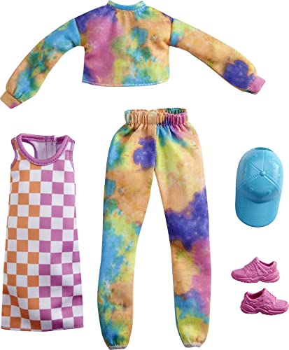 バービー バービー人形 着せ替え 衣装 ドレス Barbie Fashions 2-Pack Clothing Set, 2 Outfits Doll Include Tie-Dye Joggers Sweatshirt, Checked Dress, Blue Cap Pink Sneakers, Gift for Kids 3 to 8 Years Oldバービー バービー人形 着せ替え 衣装 ドレス