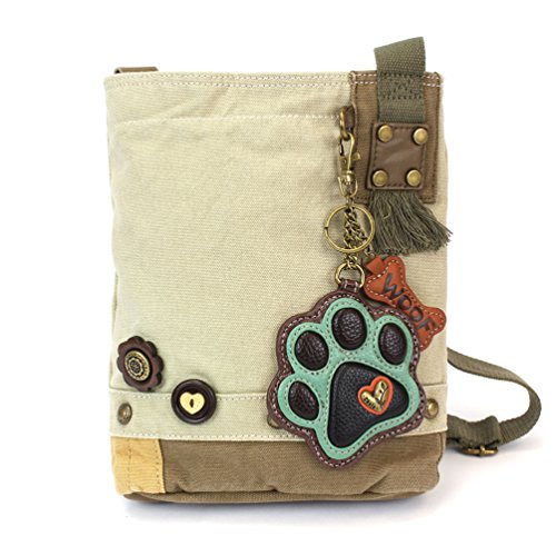 chala obO pb` Jo 킢 Chala Canvas Crossbody Messenger handBags with Keyfob/Coin Purse - (Green Paw) (Sand- Teal Paw)chala obO pb` Jo 킢