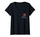 マーベル Marvel ポケットの中のスパイダーマン かわいい 半袖Tシャツ Vネック レディース【Sサイズ】ブラック ファッション トップス アメリカ