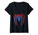 マーベル Marvel スパイダーマン ロゴ 半袖Tシャツ Vネック レディース【Sサイズ】 ブラック ファッション トップス アメリカ