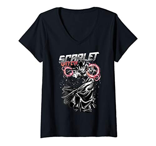 Tシャツ キャラクター ファッション トップス 海外モデル Marvel Scarlet Witch Grey Scale Action Portrait Logo V-Neck T-ShirtTシャツ キャラクター ファッション トップス 海外モデル