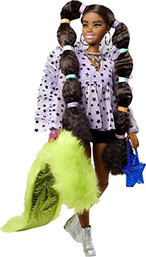 バービー Barbie エクストラドール #7 長いブルネットの髪 スタープリントのラベンダーフリルトップ 黒ノショートパンツ ネオンカラー..