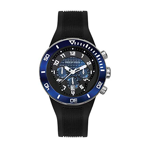 腕時計 フィリップ ステイン メンズ Philip Stein Dual Time Zone Chronograph Analog Display Japanese Quartz Watch Black Rubber Band Pin Buckle Blue Dial with Extreme Frame Natural Frequency Technology Provides Energy - 腕時計 フィリップ ステイン メンズ