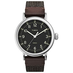 腕時計 タイメックス レディース Timex Men's Standard 40mm Watch ? Silver-Tone Case Black Dial with Brown Genuine Leather & Fabric Strap腕時計 タイメックス レディース