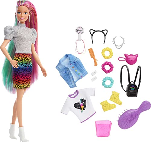 バービー バービー人形 Barbie Doll Leopard Rainbow Hair with Color-Change Highlights 16 Styling Accessories Including Clothes, Scrunchies, Brush Moreバービー バービー人形