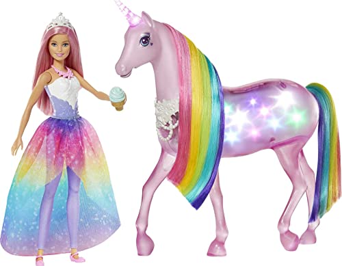 バービー バービー人形 Barbie Dreamtopia Doll Unicorn Set, Pink-Haired Fashion Doll Magical Lights Unicorn Toy with Rainbow Mane, Lights Soundsバービー バービー人形