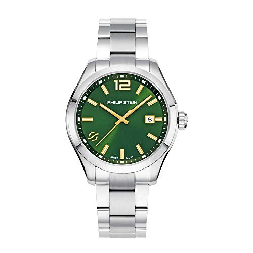 ӻ եå ƥ  Philip Stein Analog Display Wrist Swiss Quartz Traveler Men Smart Watch Stainless Steel Silver Clasp Chain with Green Dial Natural Frequency Technology Provides More Energy - Model 9ӻ եå ƥ 