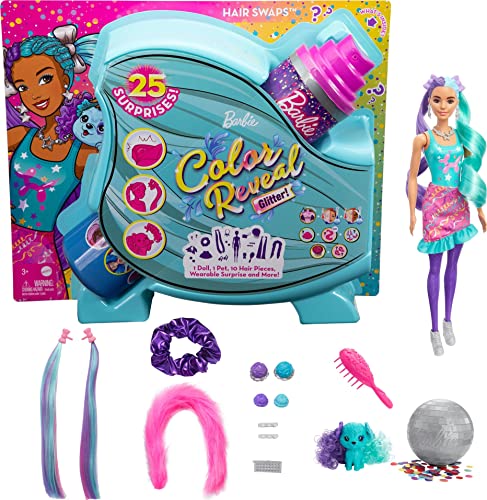 バービー バービー人形 Barbie Color Reveal Doll, Glittery Purple with 25 Hairstyling & Party-Themed Surprises Including 10 Plug-in Hair Pieces, Gift for Kids 3 Years Old & Upバービー バービー人形