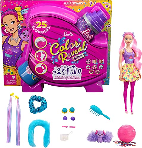 バービー バービー人形 Barbie Color Reveal Glitter! Hair Swaps Doll, Glittery Pink with 25 Hairstyling & Party-Themed Surprises Including 10 Plug-in Hair Pieces, Gift for Kids 3 Years Old & Upバービー バービー人形