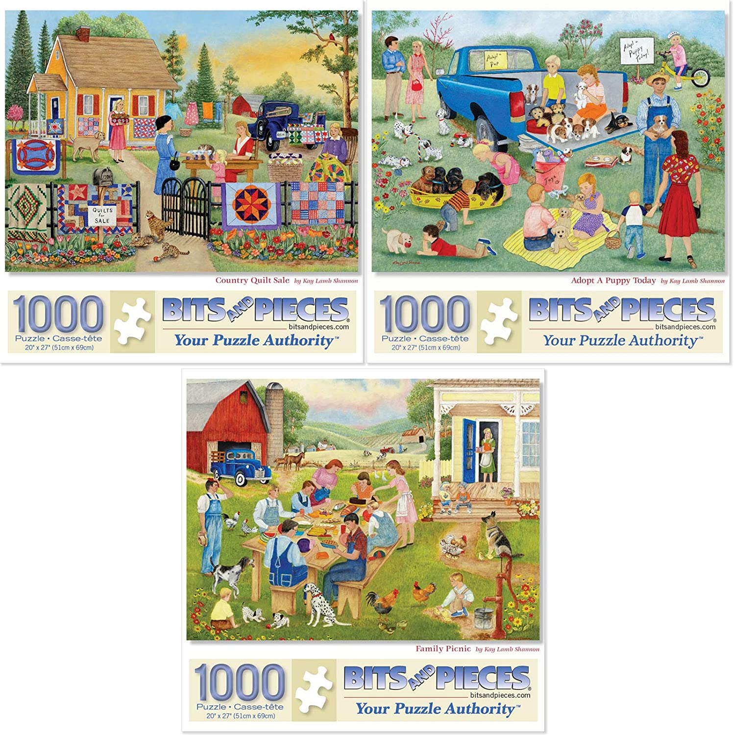 ジグソーパズル 海外製 アメリカ 【送料無料】Bits and Pieces - Value Set of Three (3) 1000 Piece Jigsaw Puzzles for Adults by Artist Kay Lamb Shannon - Each Puzzle Measures 20quot; x 27quot; - Country Quilt Sale, Adopt A Puジグソーパズル 海外製 アメリカ