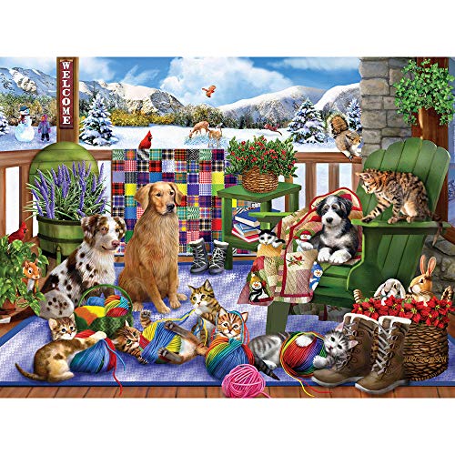 ジグソーパズル 海外製 アメリカ Bits and Pieces - 500 Piece Jigsaw Puzzle for Adults 18" x 24" - Porch Pets Fun - 500 pc Winter Dog Cat Yarn Jigsaw by Artist Mary Thompsonジグソーパズル 海外製 アメリカ
