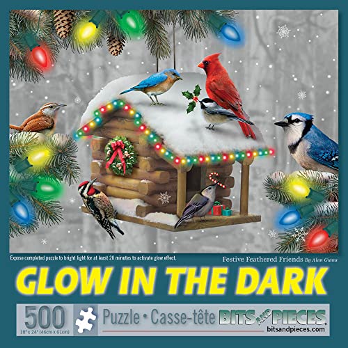 ジグソーパズル 海外製 アメリカ Bits and Pieces - 500 Piece Glow-in-The-Dark Jigsaw Puzzle for Adults 18 x 24 - Festive Feathered Friends - 500 pc Holiday Birdhouse Christmas Pine Tree Lights Jigsaw by Artist Alan Gianジグソーパズル 海外製 アメリカ