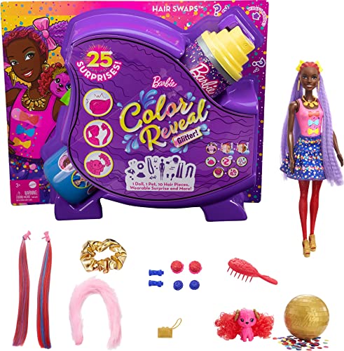 バービー バービー人形 Barbie Color Reveal Glitter! Hair Swaps Doll, Glittery Blue with 25 Hairstyling & Party-Themed Surprises Including 10 Plug-in Hair Pieces, Gift for Kids 3 Years Old & Upバービー バービー人形