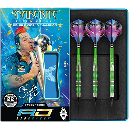 ͢  RED DRAGON Peter Wright Snakebite Mamba 20g Barrel, 22g Full Weight Softip Tungsten Darts with Flights & Stems͢ 