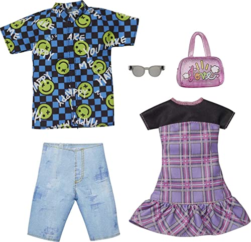 バービー バービー人形 着せ替え 衣装 ドレス Barbie Ken Fashions 2-Pack Clothing Set, 1 Outfit & Accessory for Barbie Doll: Plaid Dress & Purse, 1 Outfit & Accessory for Ken Doll: Smiley Face Dress Shirt & Denバービー バービー人形 着せ替え 衣装 ドレス