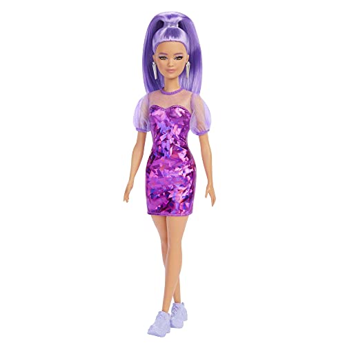 バービー バービー人形 Barbie Fashionistas Doll, Petite, Long Purple Hair & Purple Metallic Dress, Sheer Bodice & Sleeves, Purple Sneakers, Toy for Kids 3 to 8 Years Oldバービー バービー人形