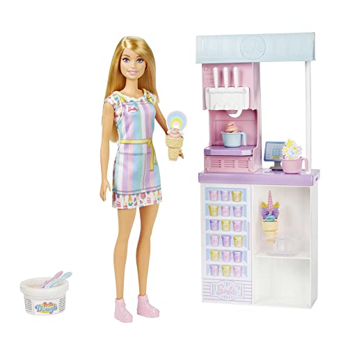 バービー バービー人形 Barbie Careers Doll Accessories, Ice Cream Shop Playset with Blonde Doll, Ice Cream Machine, Molds, Dough Moreバービー バービー人形