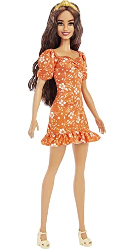 バービー バービー人形 Barbie Fashionistas Doll, Long Wavy Brunette Hair, Headband, Orange Floral Print Dress with Ruffle Details & Heels, Toy for Kids 3 to 8 Years Oldバービー バービー人形