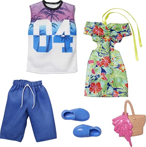 バービー バービー人形 Barbie Ken Fashions 2-Pack Clothing Set, 1 Outfit & Accessory for Barbie Doll: Tropical Dress & Tote; 1 Outfit & Accessory for Ken Doll: Jersey & Board Shorts, Gift for Kids 3 to 8 Years Oldバービー バービー人形