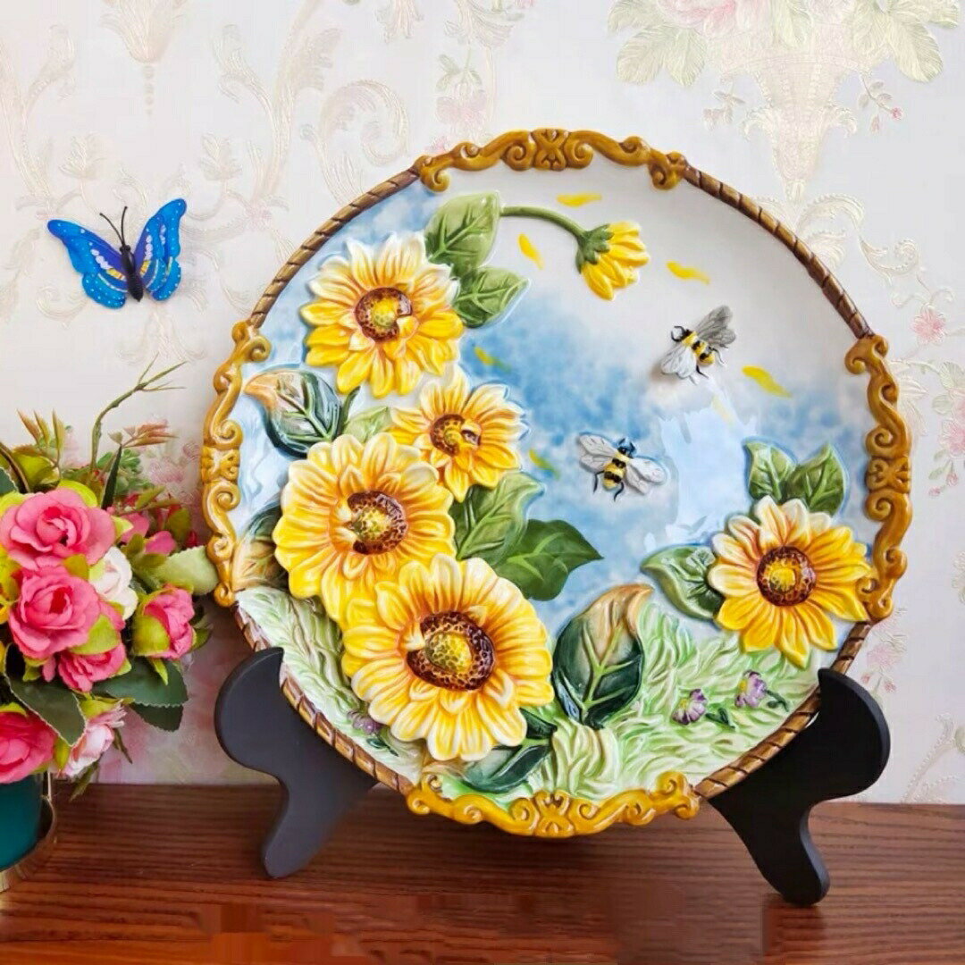 皿立て付き 皿 飾り皿ヒマワリプレート 食器 陶磁器 花柄