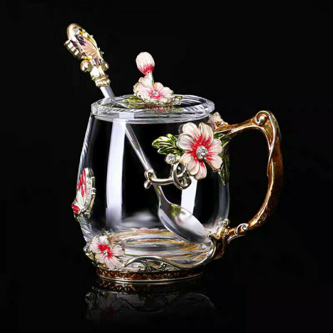 Rakuten - ガラス製ティー・コーヒーカップセット ~カップ3点セット 花柄 上品琺瑯彩カップ